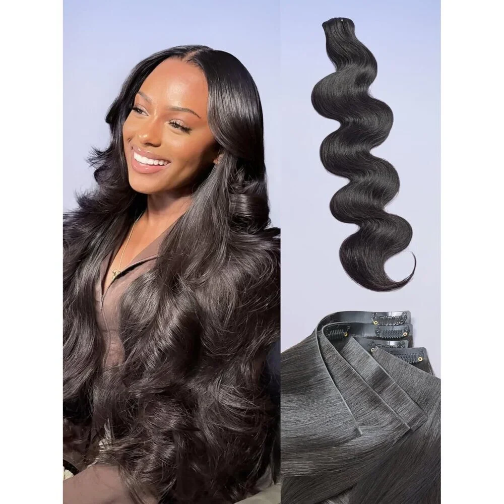 Hair Extensions Human Clip Ins Natural Black 14 in Body Wave 6Pcs